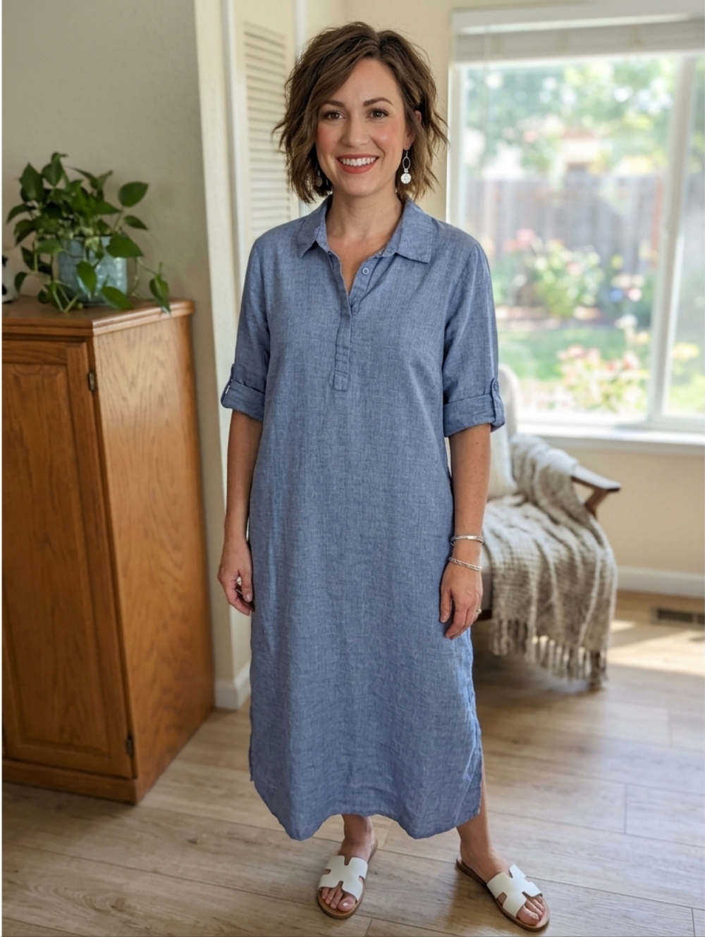 Chicos Linen Shirt Dress 2 Blue Maxi Length Lightweight Side Buttons/Slit